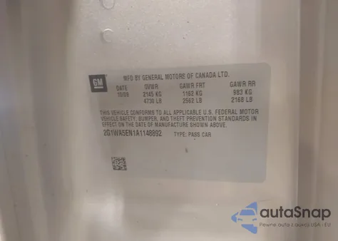 2010 Chevrolet Impala Ls из США, поврежденный, VIN 2G1WA5EN1A1148892